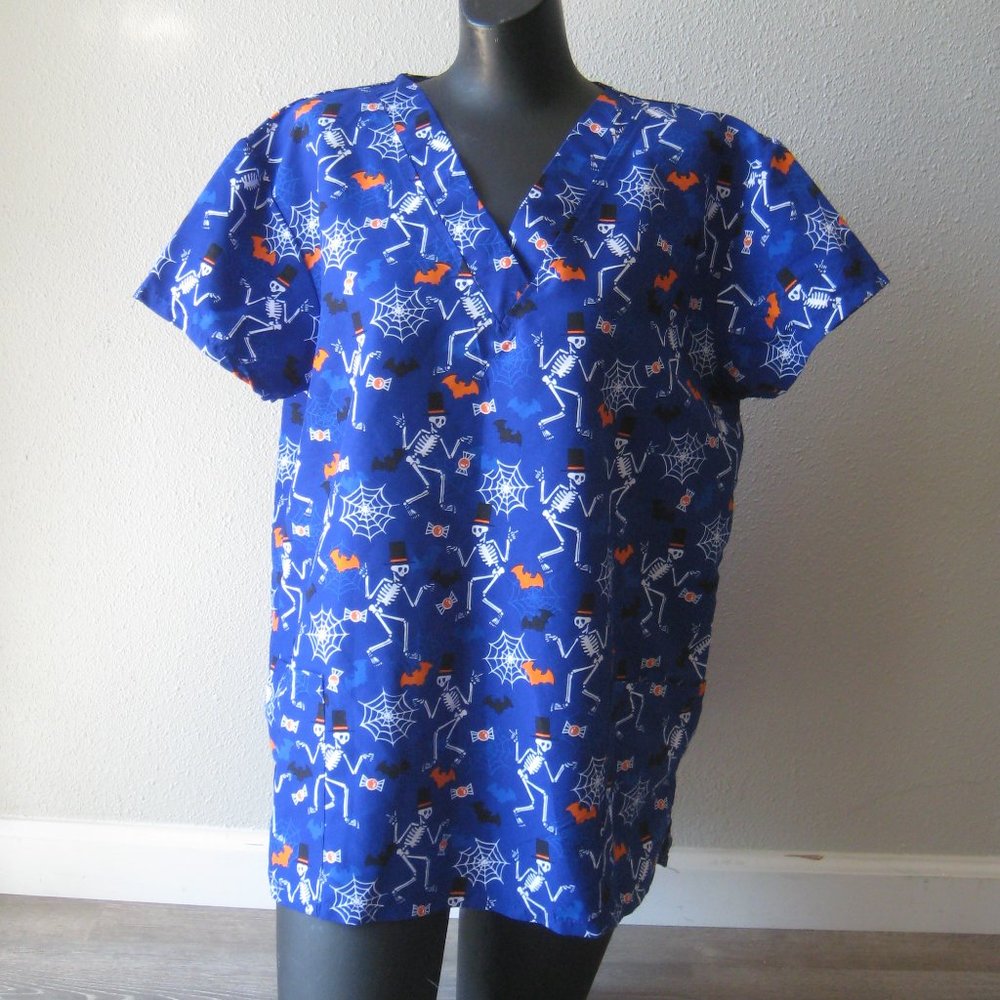 Cassandra O Royal Blue Halloween Scrubs Top Size M
